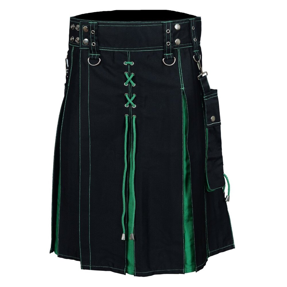 Utility Black Hybrid Kilt Green Pleats and Lacing Highlander Kilt NEW